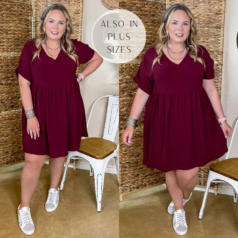 Mini dress with beaded details-Touring the City V Neck Babydoll Dress in Maroon