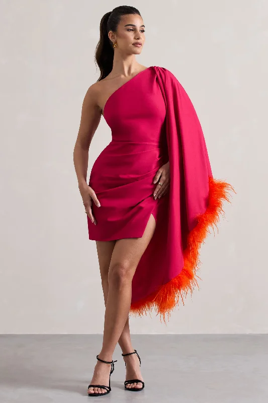 Mini dress with pleated skirt-Lyrika | Dark Pink Asymmetric Cape Sleeve Mini Dress With Feathers