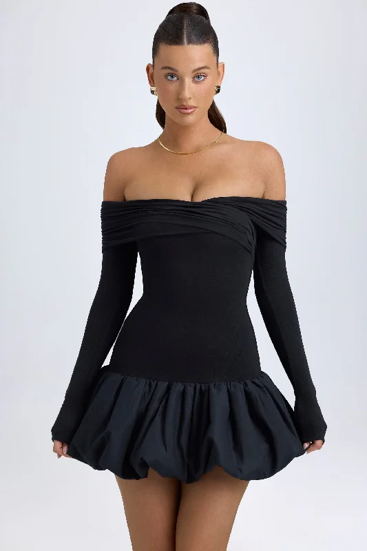 Mini dress with off-shoulder neckline-Modal Off-Shoulder Bubble Hem Mini Dress in Black