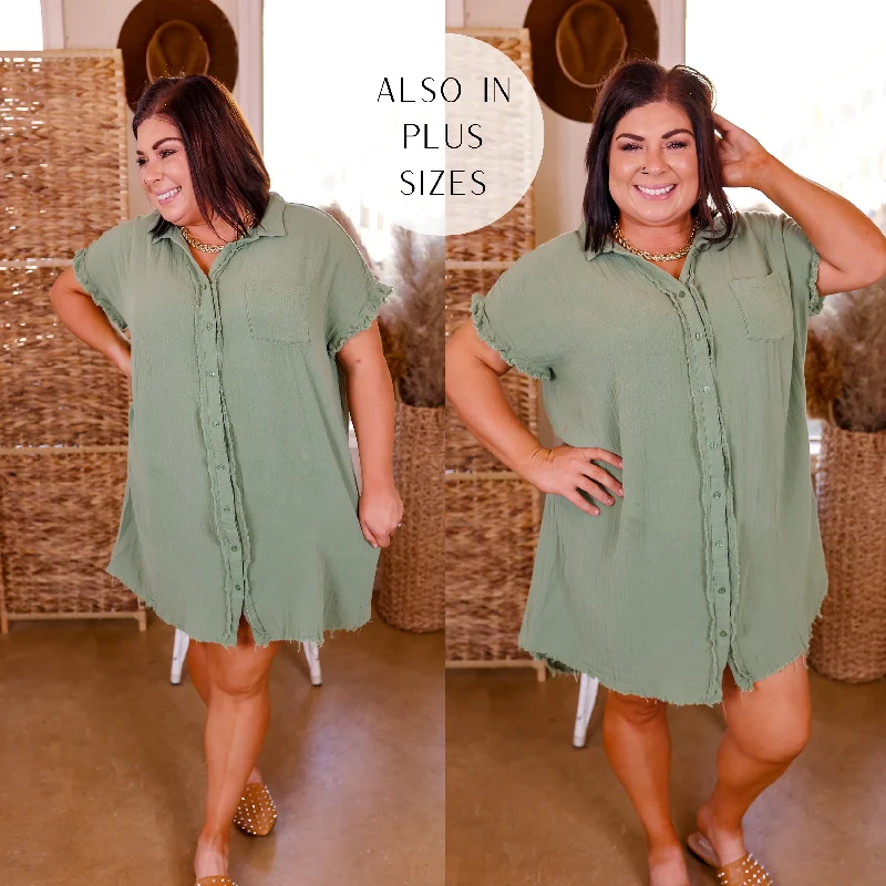 Mini dress with V-neckline-Spring Glow Button Up Raw Hem Dress in Sage Green