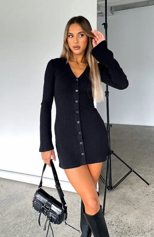 Mini dress with smocked bodice-Live In The Moment Long Sleeve Mini Dress Black