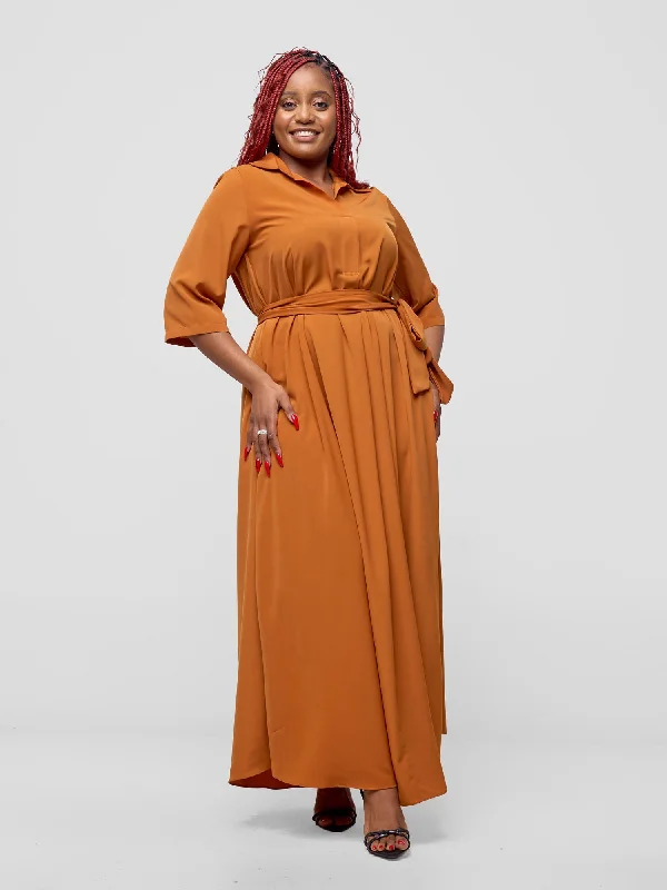 Maxi dress with gingham print-Vivo Yumi Maxi Shirt Dress - Terracotta Orange