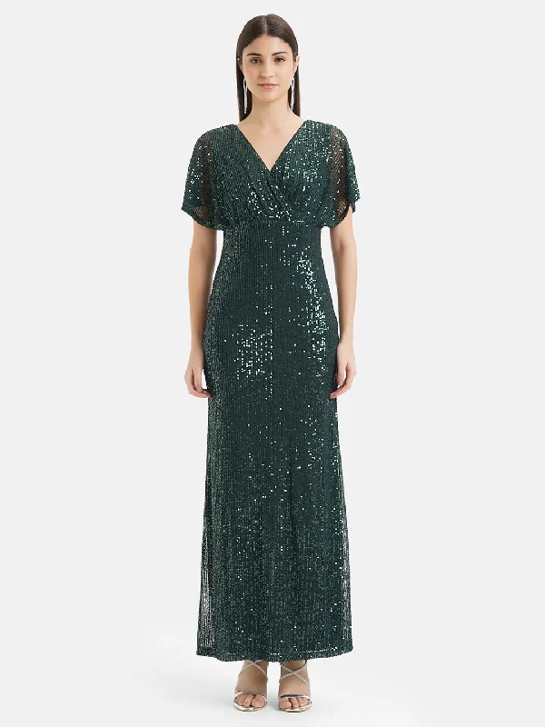 Maxi dress with illusion sleeves-V Neck Sequin Maxi Dress