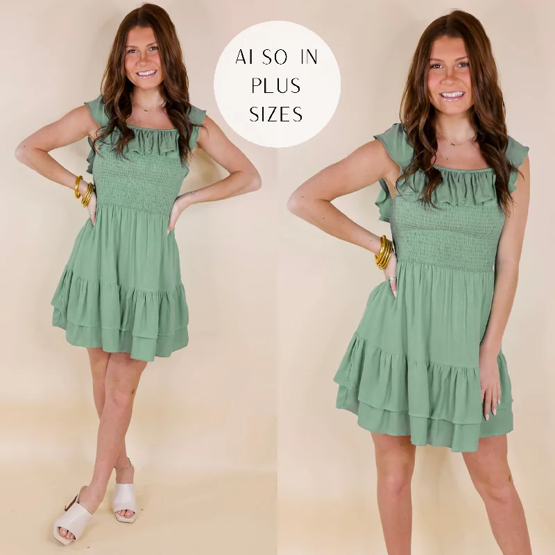 Mini dress with pleated skirt-Feeling Refined Ruffle Tiered Dress with Smocked Bodice in Sage Green