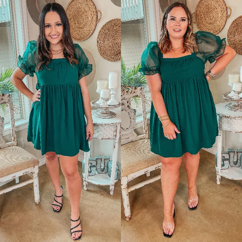 Mini dress with retro flair-Seasonal Spice Puff Sleeve Babydoll Dress in Emerald Green