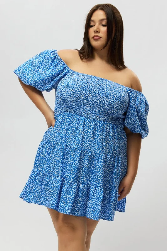 Mini dress with puff sleeves-Blue Ditsy Shirred Bodice Puff Sleeve Mini Dress