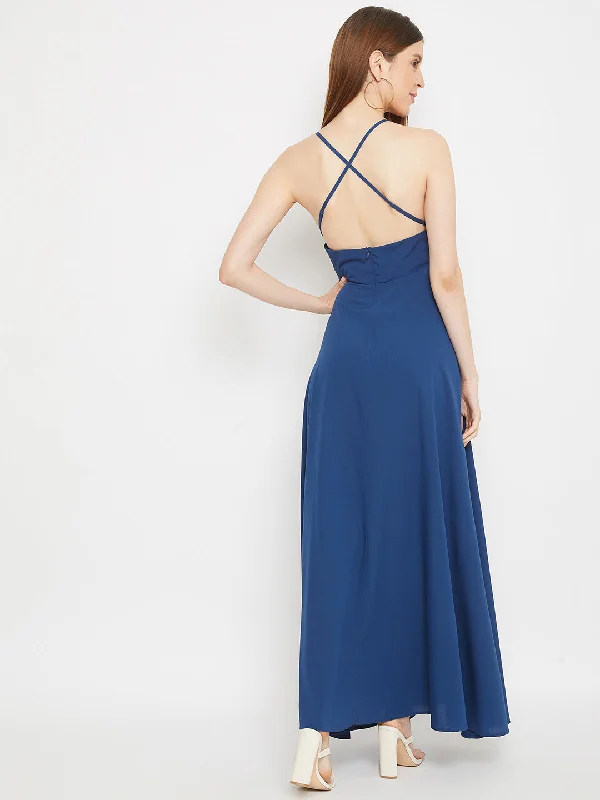 Maxi dress with V-neckline-Berrylush Women Solid Blue Shoulder Straps Backless Maxi Dress