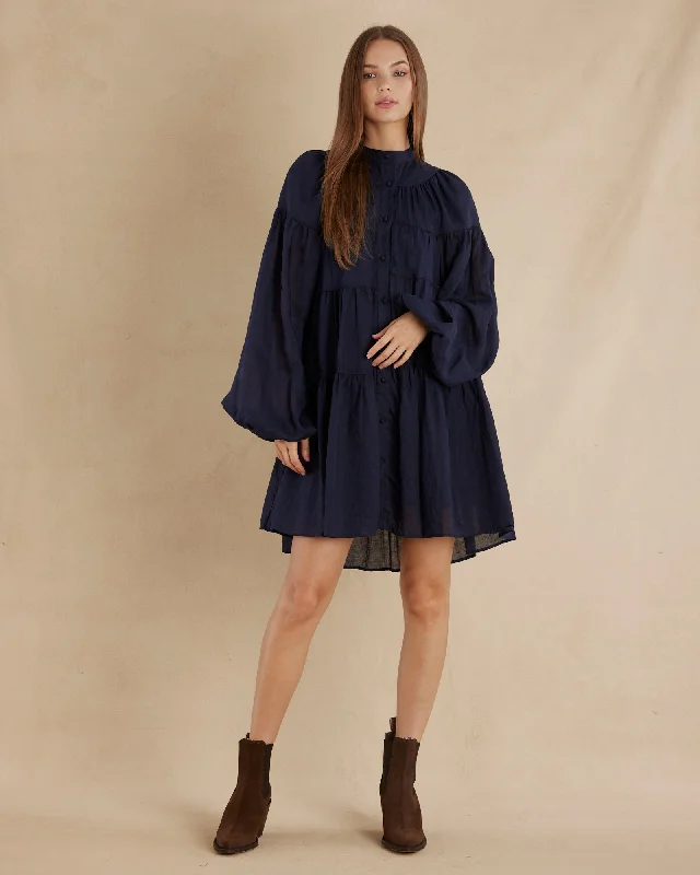 Mini dress with cut-out details-Isabelle Ramie Tiered Mini Dress - Navy