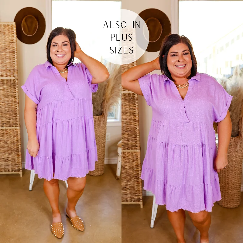 Mini dress with wild prints-Last Chance Size Small & XL | Taos Transitions Ruffle Tiered Collared Dress with Frayed Hem in Lavender Purple