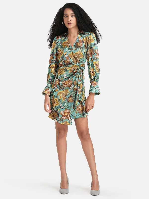 Mini dress with sporty look-Floral Printed Wrap Mini Dress