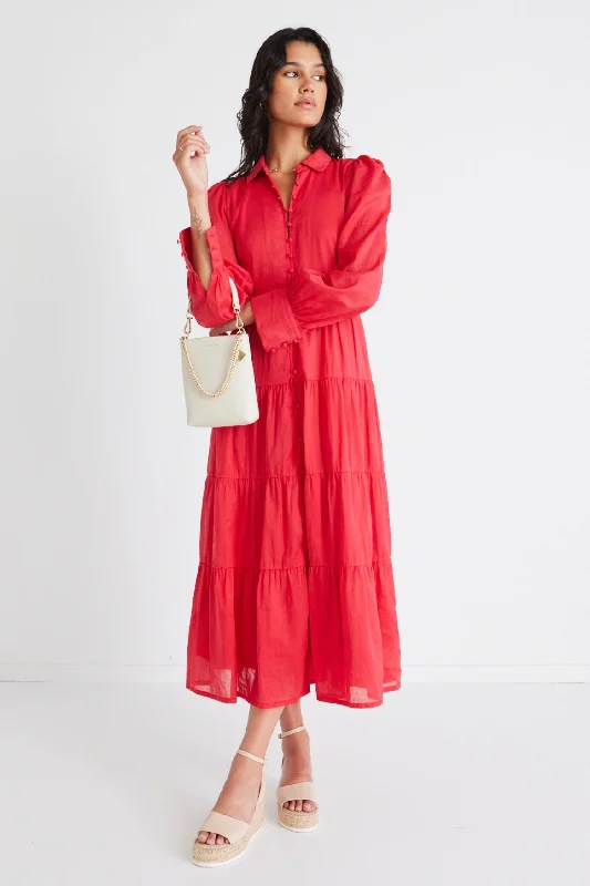 Maxi dress with glitter accents-Adair Cherry Linen Blend Tiered Shirt Style Maxi Dress