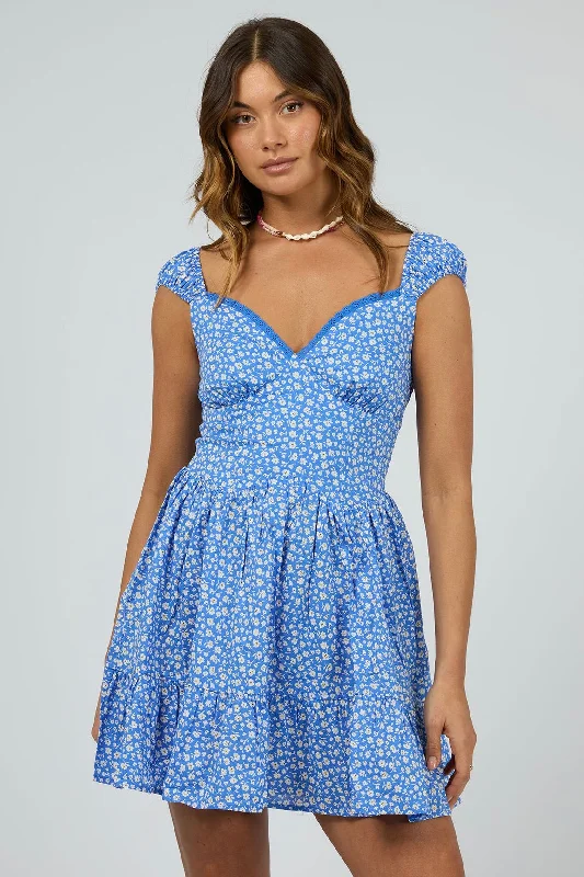 Mini dress with animal motifs-Tara Blue Floral Mini Dress