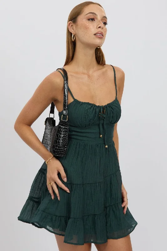 Mini dress with illusion sleeves-Green Fit And Flare Dress Mini Tiered