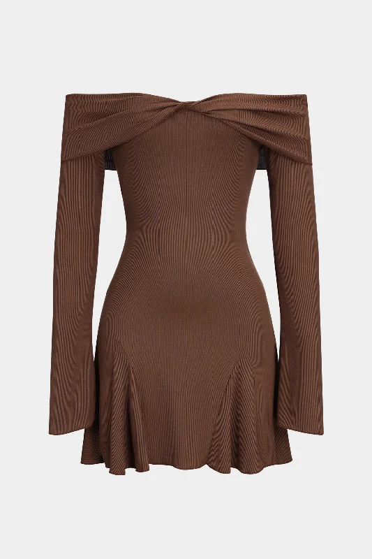 Mini dress with faux leather-Off Shoulder Crossed Long Sleeve Mini Dress