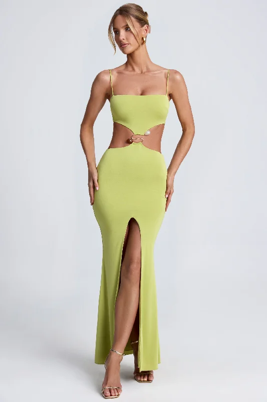 Maxi dress with spaghetti straps-Hardware Detail Cut-Out Maxi Dress in Olive Green