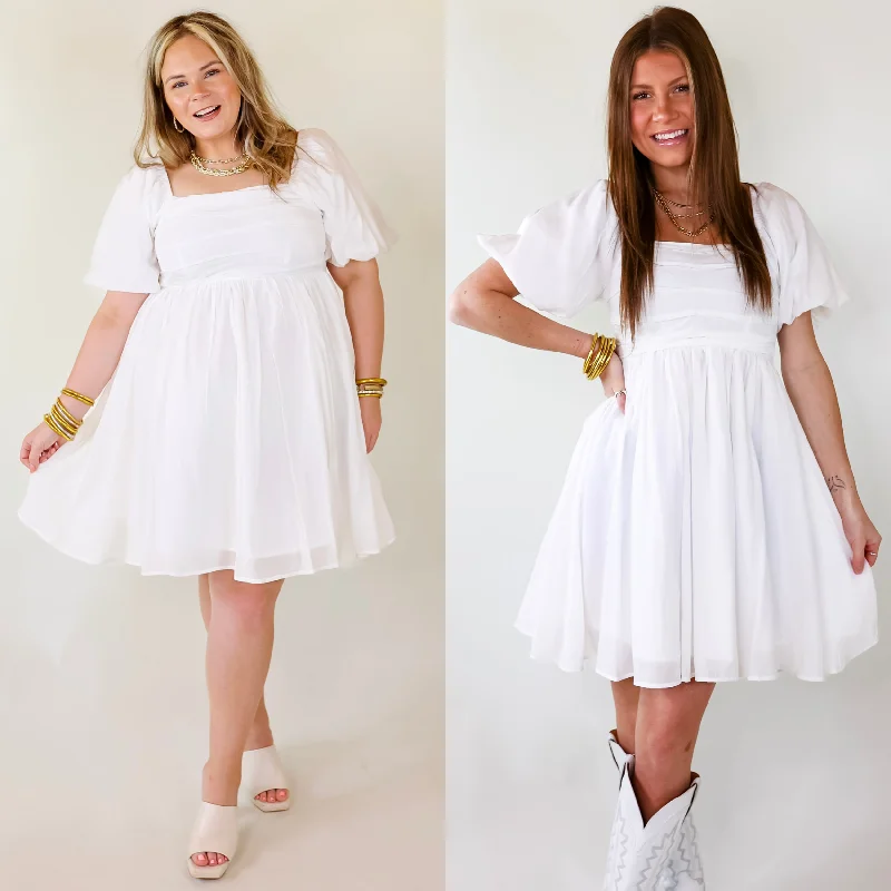 Mini dress with lace details-Livin Free Off The Shoulder Pleated Dress With Puffed Sleeves in White