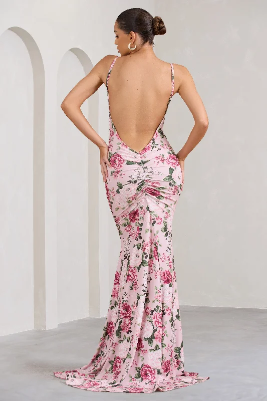 Maxi dress with floral print-Adele | Pink Floral Print Backless Ruched Fishtail Cami Maxi Dress