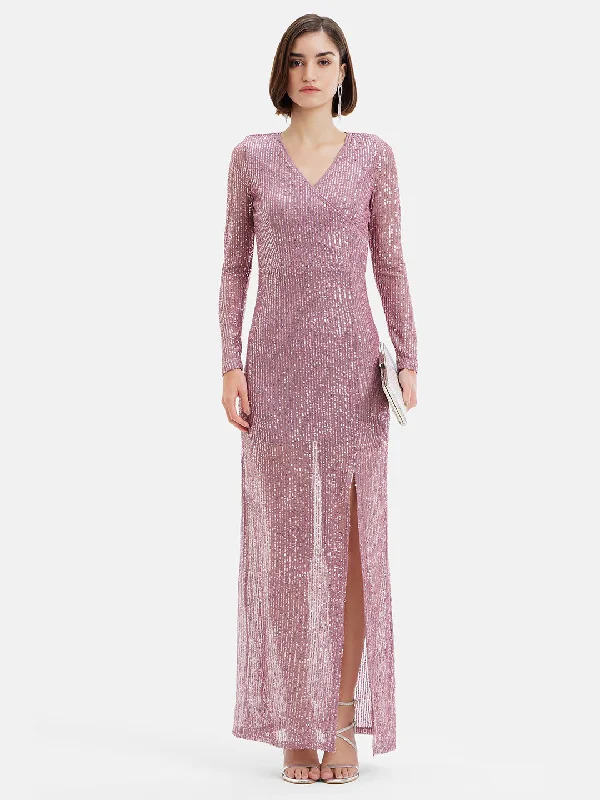 Maxi dress with halter neck-Full Sleeves Sequin Maxi Dress W Front Slit