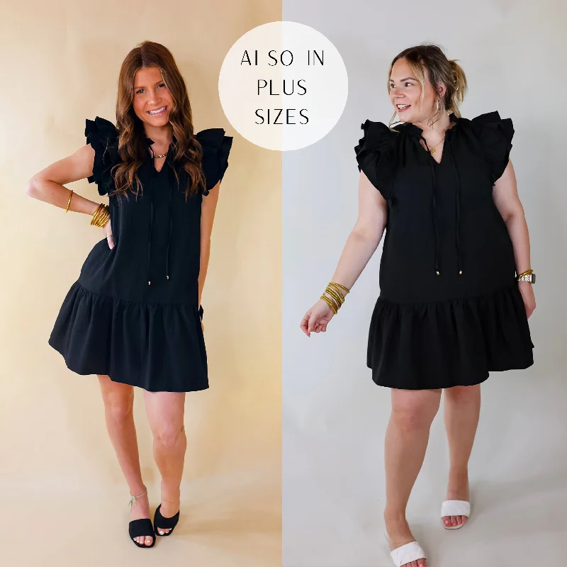 Mini dress with metallic finish-Powerful Love Ruffle Cap Sleeve Dress with Keyhole and Tie Neckline in Black