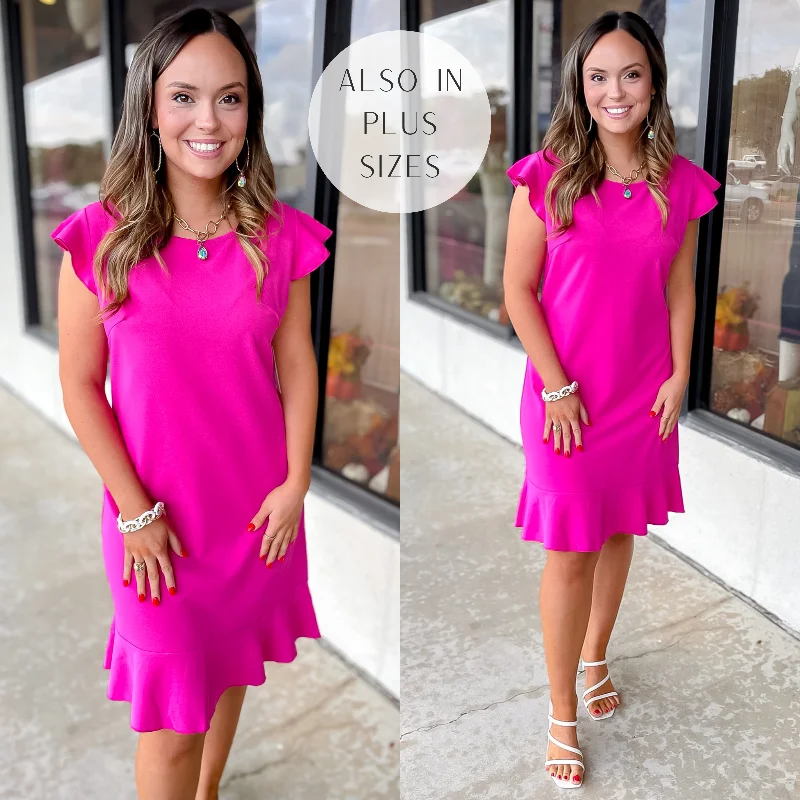 Mini dress with classic stripes-Boss Shift Ruffle Cap Sleeve Dress with Ruffle Hem in Fuchsia Pink