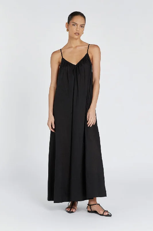 Maxi dress with plunging neckline-CAPRI BLACK LINEN SHEER MAXI DRESS