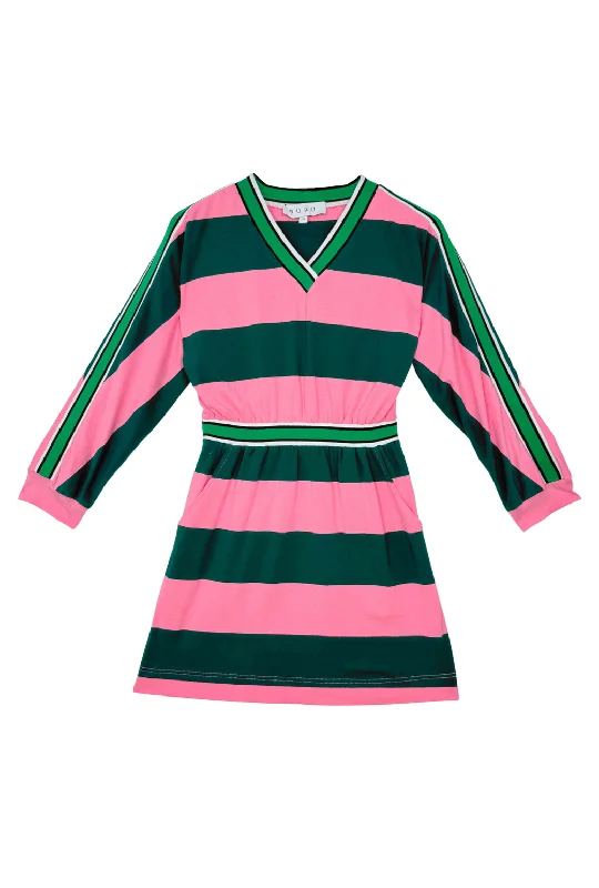 Mini dress with metallic finish-Mini Track Dress - Pink and Green Rugby Stripe