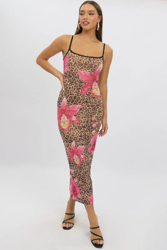 Maxi dress with metallic threads-Multi Animal Print Bodycon Dress Maxi Mesh