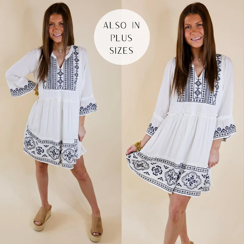 Mini dress with ruffled hem-Peaceful And Pretty Navy Embroidered Dress with Notched Neckline in White