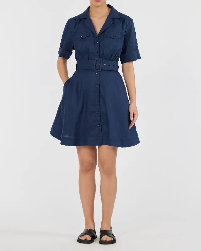 Mini dress with minimalist design-Cadence Linen Mini Dress - Navy