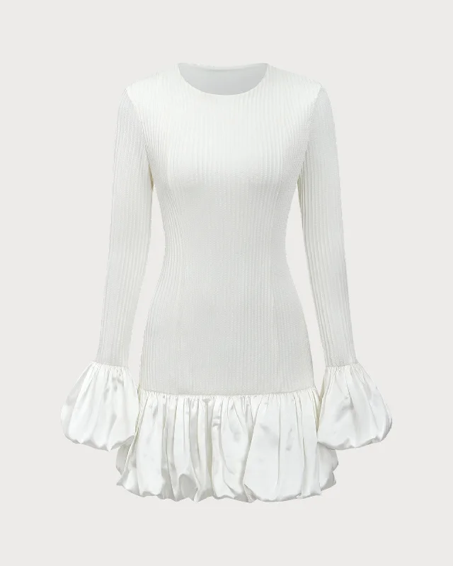 Mini dress with youthful look-White Splicing Sweater Mini Dress