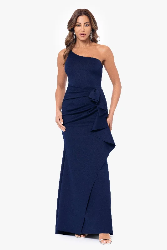 Maxi dress for wedding guests-Petite "Daniella" Long One Shoulder Scuba Crepe Ruffle Dress