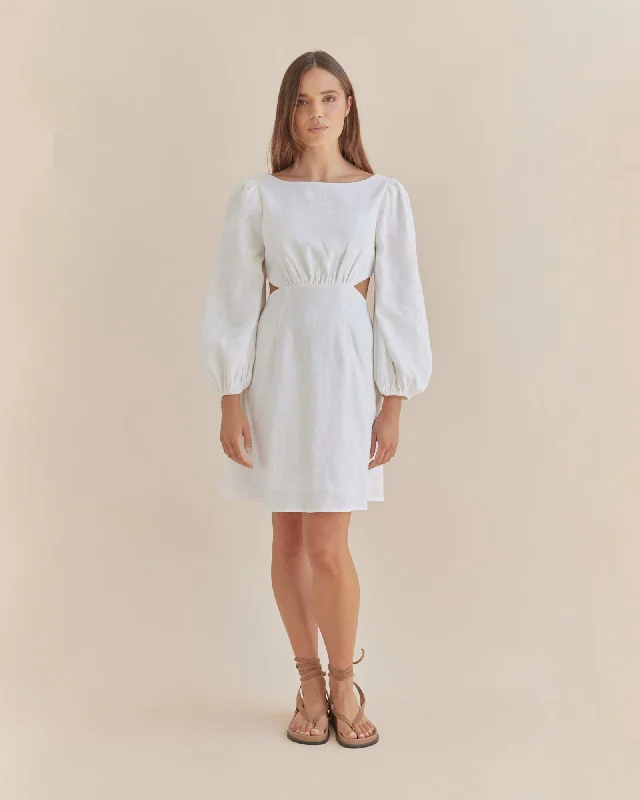 Mini dress with cowl neck-Malva Linen Mini Dress - White