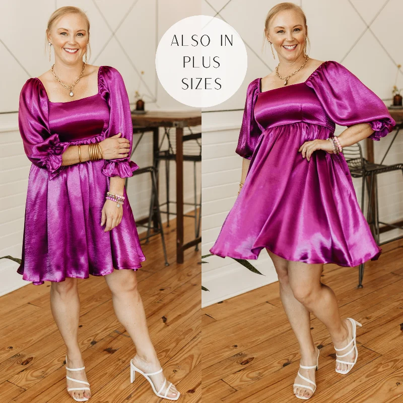 Mini dress for cocktail parties-Feeling Fine Satin Babydoll Dress with 3/4 Sleeves in Magenta