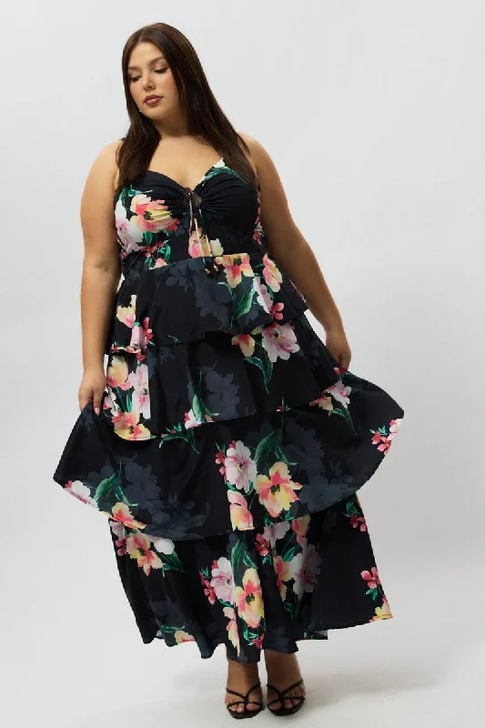 Maxi dress with geometric pattern-Black Floral Maxi Dress Sleeveless Ruched Bust Tiered