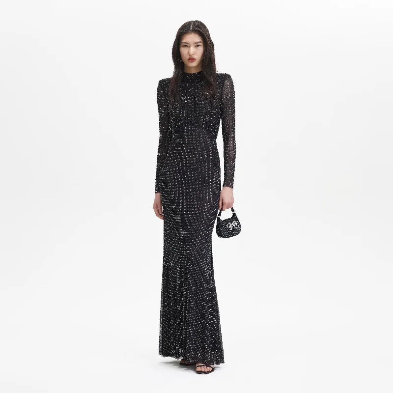 Maxi dress with chic design-Black Rhinestone Mesh Long Sleeve Maxi Dress