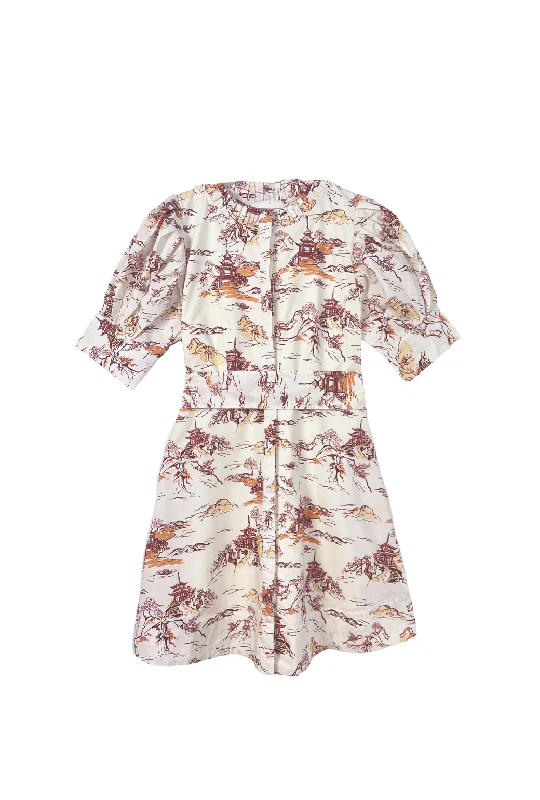 Mini dress with plunging neckline-Puff Sleeve Day Gown - MINI - Chinoiserie