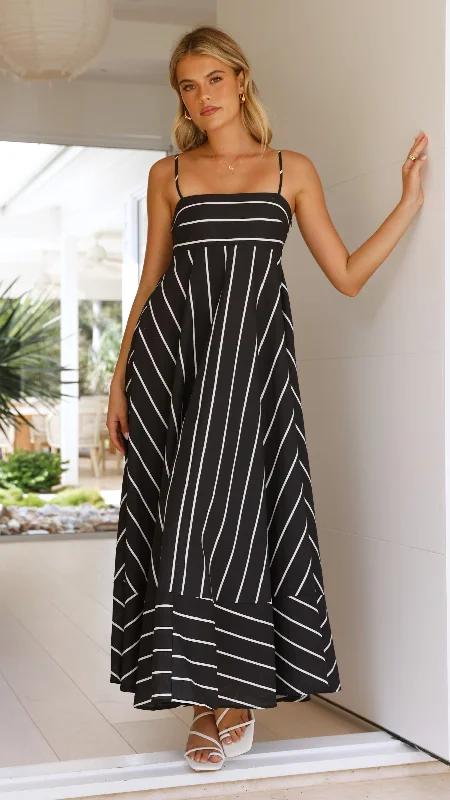 Elegant black maxi dress-Kaethe Maxi Dress - Black / White Stripe