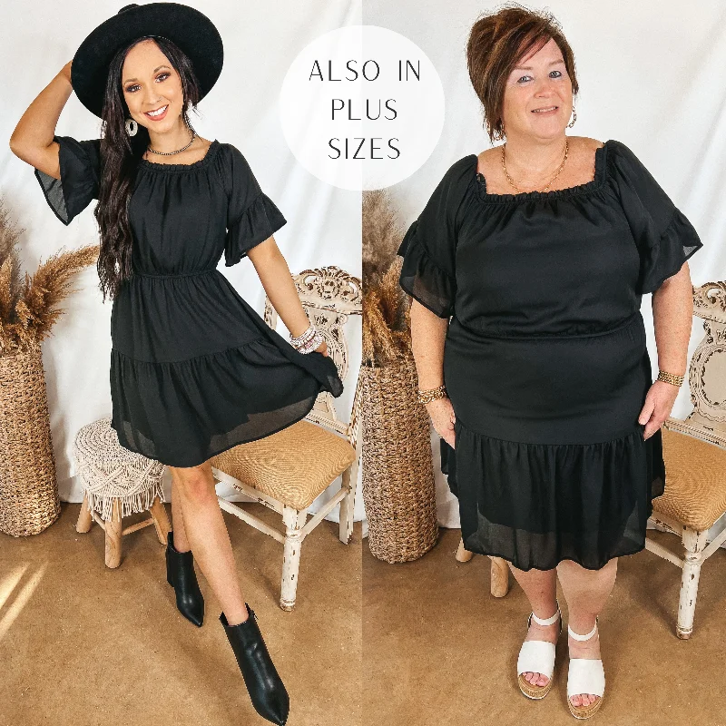 Mini dress with modern design-Visions of Romance Off the Shoulder Ruffle Tiered Dress in Black