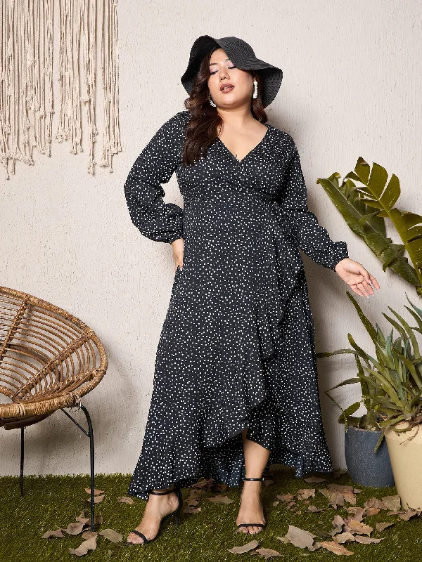 Maxi dress with vintage inspiration-Berrylush Curve Women Black & White Polka Dot Printed V-Neck Bishop Sleeves Waist Tie-Up Tulip Hem Wrap Ruffled Maxi Dress