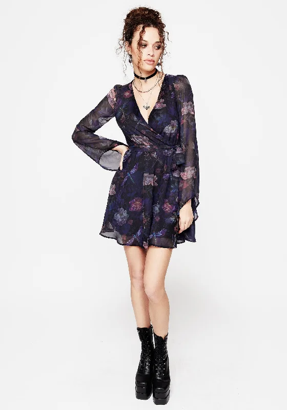 Mini dress with unique patterns-Dragonfly Floral Print Flute Sleeve Chiffon Mini Dress