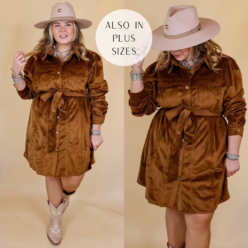 Mini dress with sporty look-Free And Flirty Suede Button Up Dress with Waist Tie in Brown