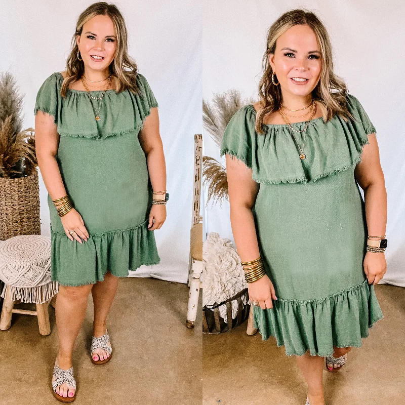 Mini dress with flared skirt-Finding Yourself  Frayed Hem Off the Shoulder Dress in Light Olive Green