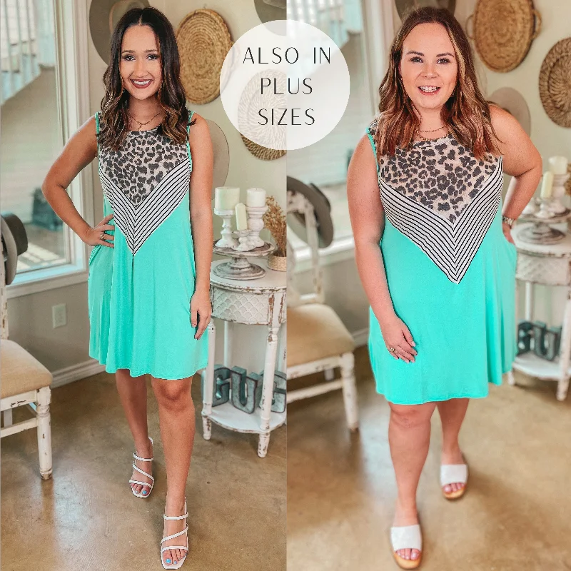 Mini dress with spaghetti straps-Pretty in Prints Leopard and Striped Tank Top Dress in Mint