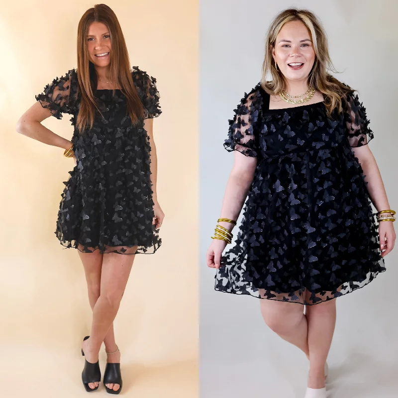 Mini dress with modern design-Sweetest Rush Butterfly Print Babydoll Dress in Black