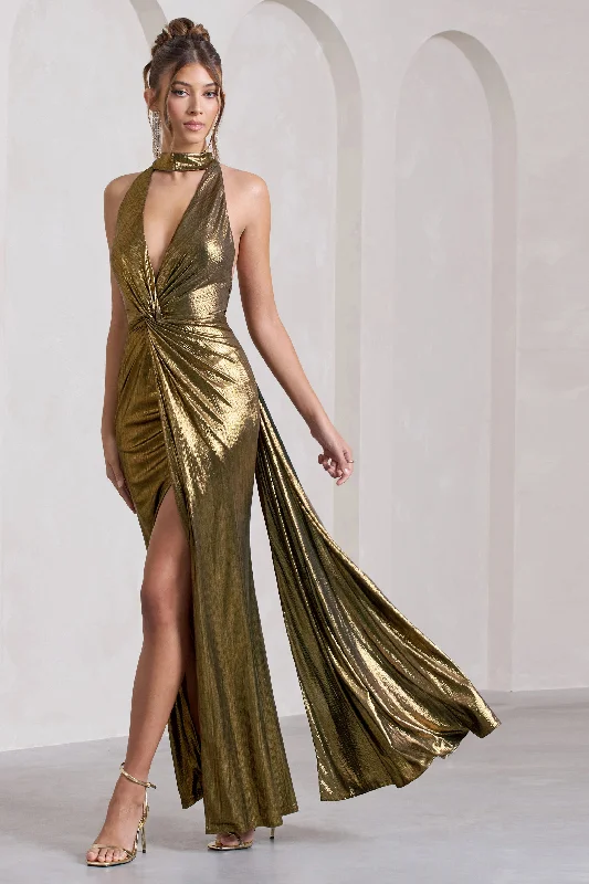 Maxi dress with faux leather-Lost | Gold Metallic Halter-Neck Cut-Out Split Maxi Dress With Drape