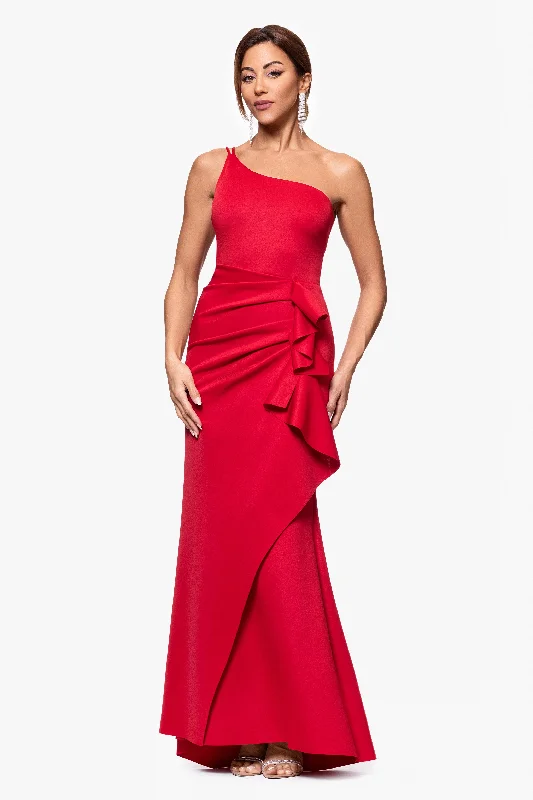 Maxi dress for summer-Petite "Daniella" Long One Shoulder Scuba Crepe Ruffle Dress