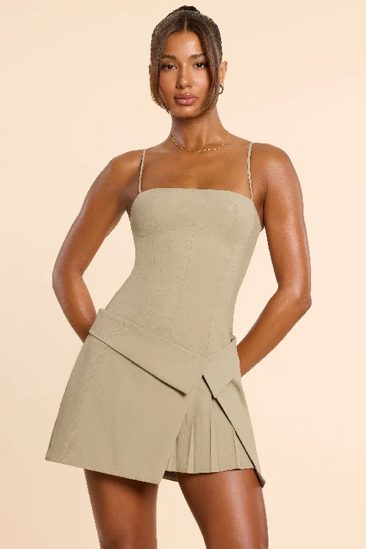 Mini dress with bustier top-Woven Twill Wrap Over Pleated Mini Dress in Taupe