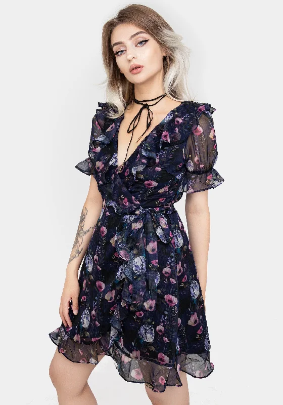 Mini dress with tiered layers-Socordia Floral Moon Chiffon Frill Wrap Mini Dress