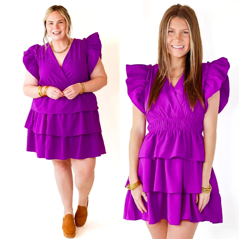 Mini dress with fringe details-The Perfect Night Ruffle Cap Sleeve Dress in Violet Purple