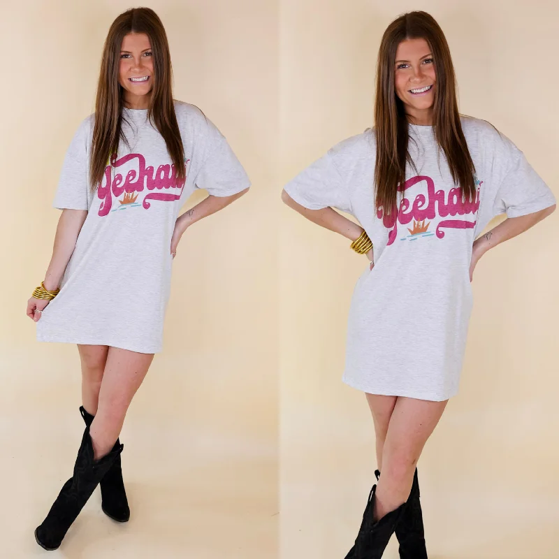 Mini dress with open back-YeeHaw Short Sleeve Tee Shirt Dress in Heather Grey